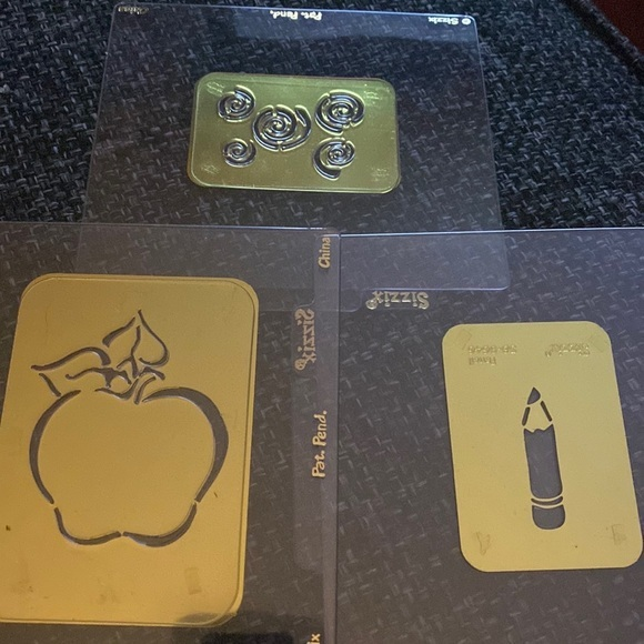 3 Sizzix‎ brass stencil embossing folder dies Apple Pencil & swirls - Picture 1 of 4